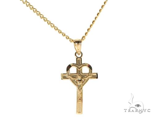 10K Yellow Gold Heart Crucifix Cross Charm 24 Inches Cuban Link Chain Set 61811 - Image 1