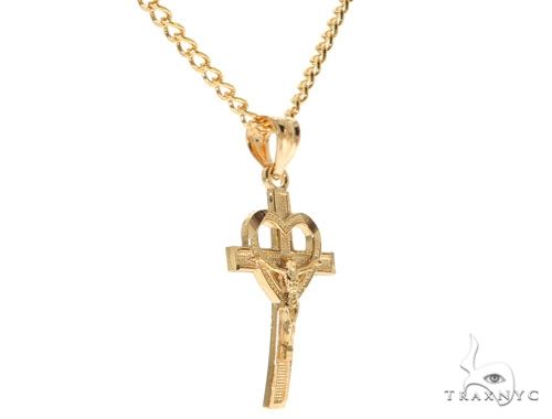 10K Yellow Gold Heart Crucifix Cross Charm 24 Inches Cuban Link Chain Set 61811 - Image 2