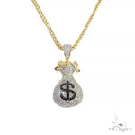 10K Yellow Gold Micro Pave Diamond Money Bag Dollar Sign Charm Pendant Franco Chain Set 66611 - Image 1