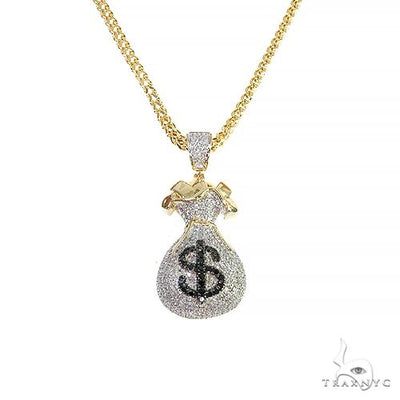 10K Yellow Gold Micro Pave Diamond Money Bag Dollar Sign Charm Pendant Franco Chain Set 66611 - Image 1