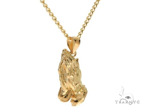 10K Yellow Gold Praying Hands Charm 24 Inches Cuban Link Chain Set 61819 - Image 2