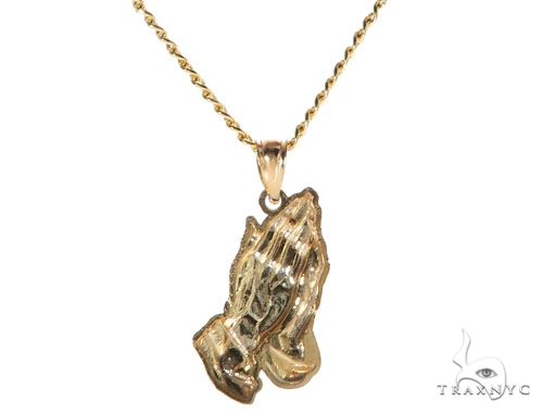 10K Yellow Gold Praying Hands Charm 24 Inches Cuban Link Chain Set 61819 - Image 3