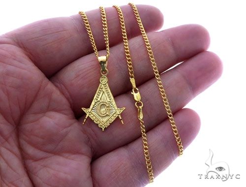 10K Yellow Gold Square and Compasses Masonic Instruments Charm 24 Inches Cuban Link Chain Set 61817 - Image 4