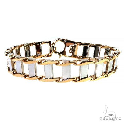 14K Two Tone Gold Rail Road Link Bracelet 8.5 Inches 9mm 70531 - Image 1