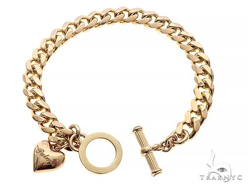 14K Yellow Gold Cuban Link Bracelet With Heart Charm And Toggle Clasp 65650 - Image 3