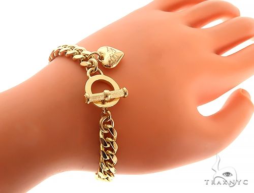 14K Yellow Gold Cuban Link Bracelet With Heart Charm And Toggle Clasp 65650 - Image 7