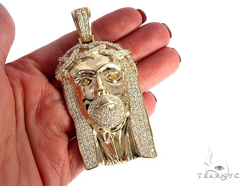 14K Yellow Gold Custom Made Jesus Diamond Pendant With Canary Eyes 65295 - Image 5