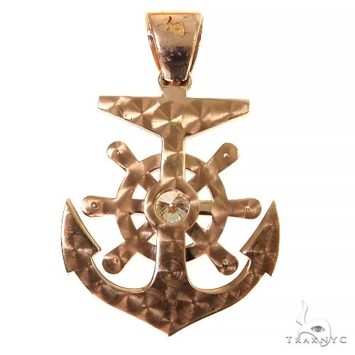 14K Yellow Gold Pave Bezel Diamond Anchor Charm Pendant 63957 - Image 4