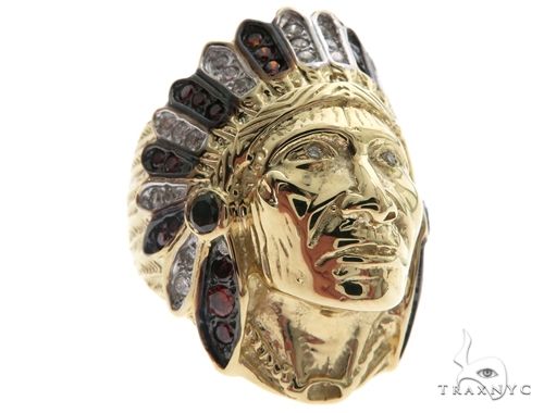 14K Yellow Gold Prong Bezel Diamond Indian Head Ring 63858 - Image 2