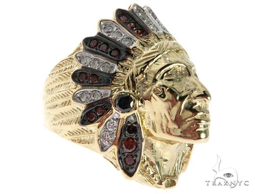 14K Yellow Gold Prong Bezel Diamond Indian Head Ring 63858 - Image 4