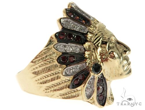 14K Yellow Gold Prong Bezel Diamond Indian Head Ring 63858 - Image 5