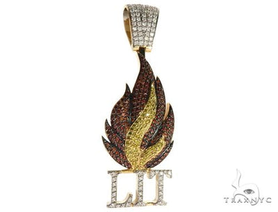 14K Yellow Gold Prong Diamond Custom Gold Flame LIT Pendant 63781 - Image 1