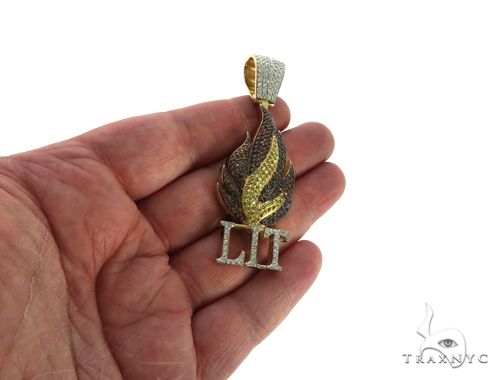 14K Yellow Gold Prong Diamond Custom Gold Flame LIT Pendant 63781 - Image 9