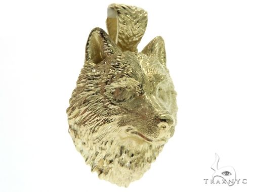 14K Yellow Gold Wolf Head Charm Pendant 62497 - Image 5