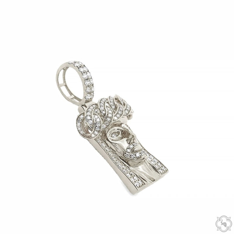 14k White Gold Diamond Cuban Link Crown Jesus Pendant 65841
