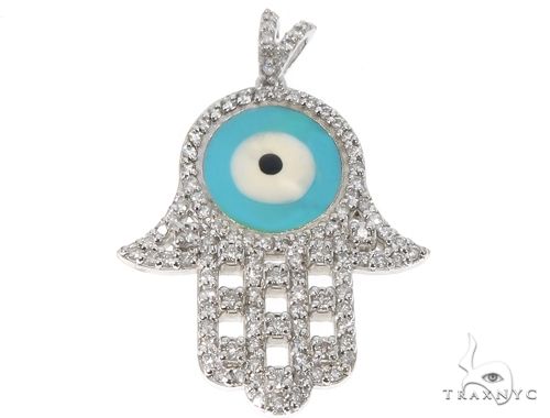 14k White Gold Diamond and Enamel Evil Eye Hamsa Pendant 64652 - Image 1