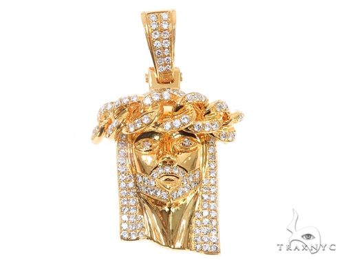 14k Yellow Gold Diamond Cuban Link Crown Jesus Pendant 64912 - Image 1
