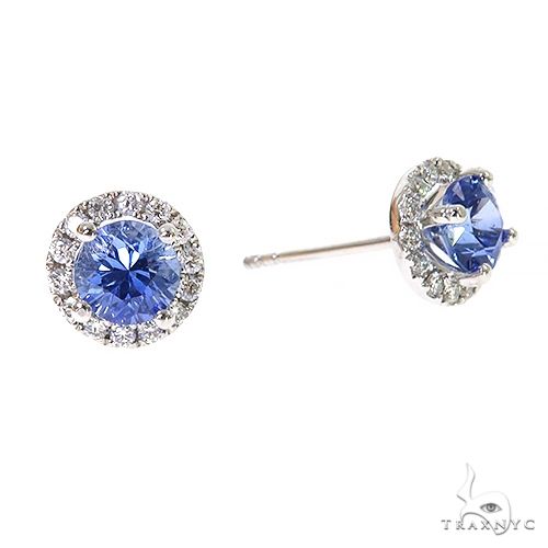18K Gold Diamond Sapphire Stud Earrings 67354 - Image 2