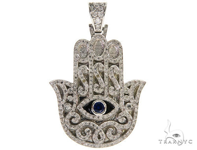 Blue Sapphire Prong Diamond Hamsa Hand Pendant 57223 - Image 1
