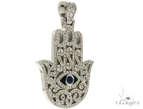 Blue Sapphire Prong Diamond Hamsa Hand Pendant 57223 - Image 2