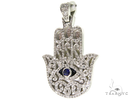 Blue Sapphire Prong Diamond Hamsa Hand Pendant 57223 - Image 3