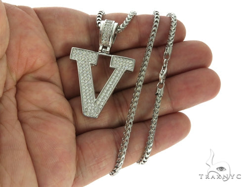 CZ Silver Initial(V) Pendant 24 Inches Franco Chain Set 58490 - Image 4