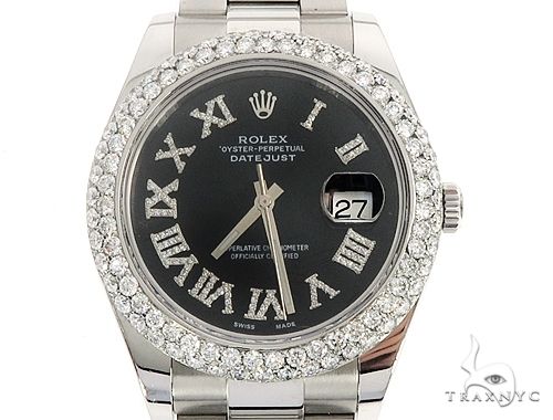 Datejust 41mm Roman Numeral Black Dial Diamond Bezel Stainless Steel Mens Watch 64985 - Image 1