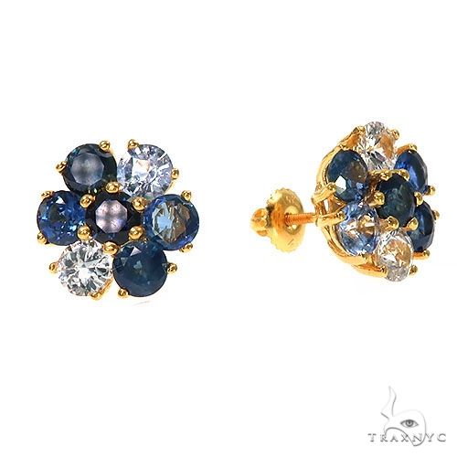 Large Ocean Blue Sapphire Diamond Flower Earrings 67314 - Image 2