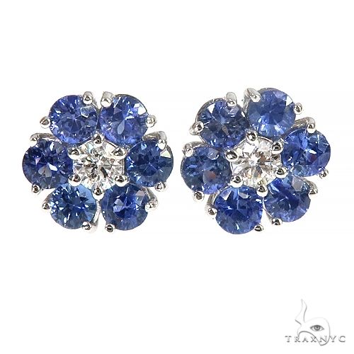 Large Ocean Blue Sapphire Diamond Flower Earrings 66893 - Image 1