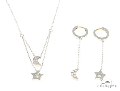 Moon and Star Diamond Earrings Necklace Set 45207 - Image 1