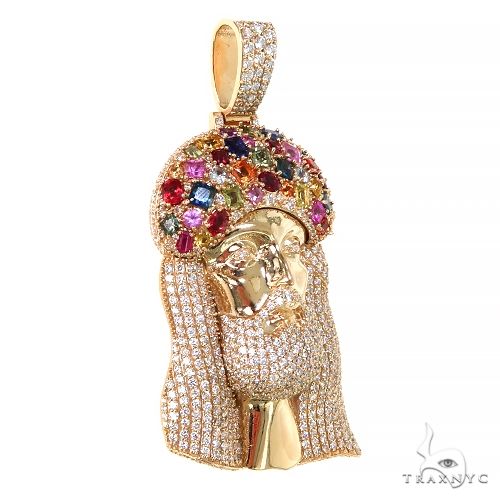 Multi Color Sapphire Crown Diamond Jesus Pendant 67396 - Image 2
