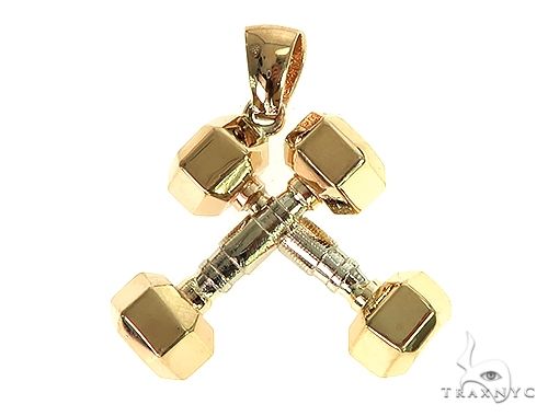 14K Two Tone Big Dumbbells Barbells Fitness Pendant 66106 - Image 3