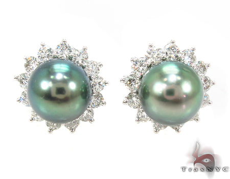 Prong Diamond Green Pearl  Earrings 32065 - Image 1