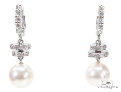 Prong Diamond Pearl Hoop Earrings 42319 - Image 1