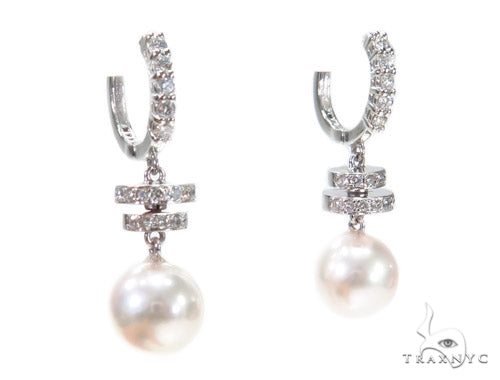 Prong Diamond Pearl Hoop Earrings 42319 - Image 2