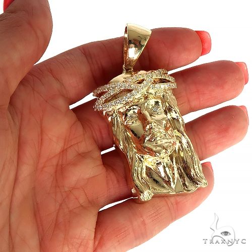 Solid 14K Gold Diamond Crown Jesus Pendant 66406 - Image 5