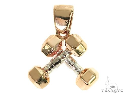 14K Two Tone Small Dumbbells Barbells Fitness Pendant 66107 - Image 3