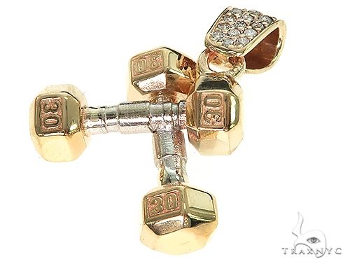 14K Two Tone Small Dumbbells Barbells Fitness Pendant 66107 - Image 4