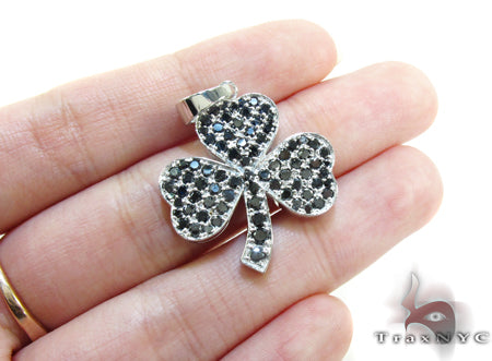 White Gold Round Cut Prong Black Diamond Clover Pendant 24855 - Image 8