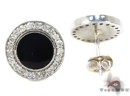 White Gold Round Cut Prong Diamond Onyx Earrings 24681 - Image 4