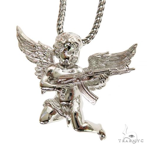 .925 Silver Baby Angel With Ak Gun Pendant Set 69799 - Image 3