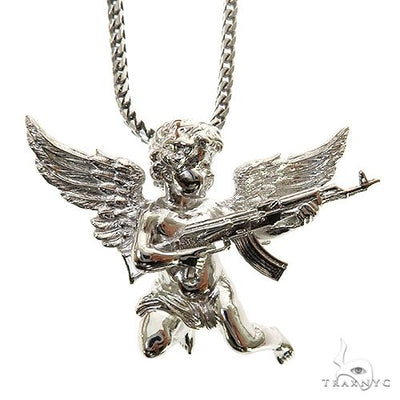 .925 Silver Baby Angel With Ak Gun Pendant Set 69799 - Image 1