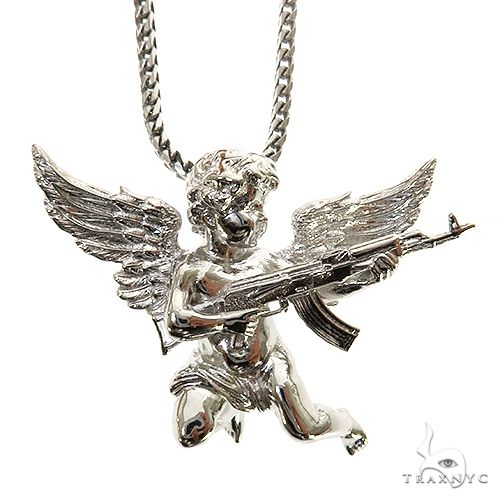 .925 Silver Baby Angel With Ak Gun Pendant Set 69799 - Image 1