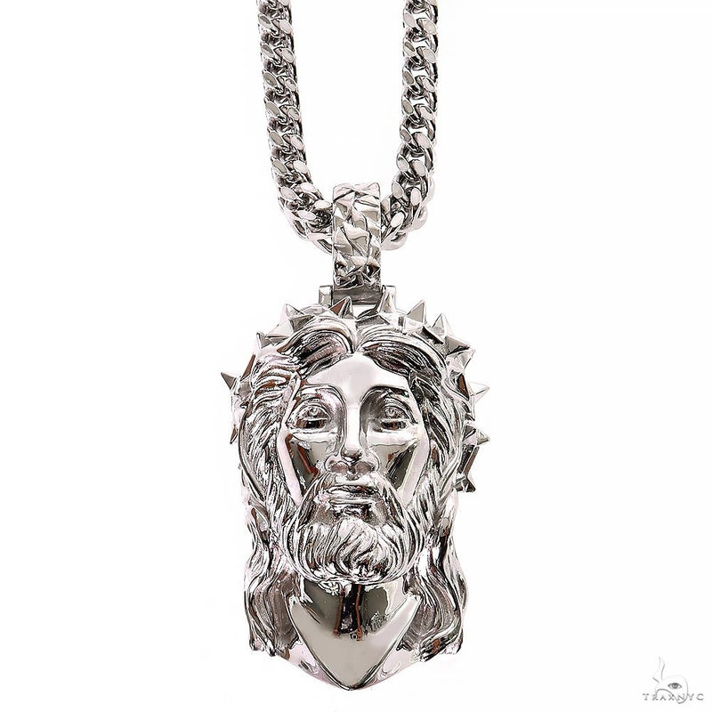 Silver Spikes Crown Jesus Head Pendant Set 69759 - Image 1