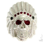 .925 Sterling Silver Black Diamond Indian Skull Ring With Red Ruby Stones 61446 - Image 1