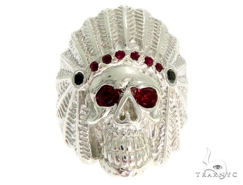 .925 Sterling Silver Black Diamond Indian Skull Ring With Red Ruby Stones 61446 - Image 1