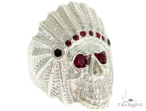 .925 Sterling Silver Black Diamond Indian Skull Ring With Red Ruby Stones 61446 - Image 2