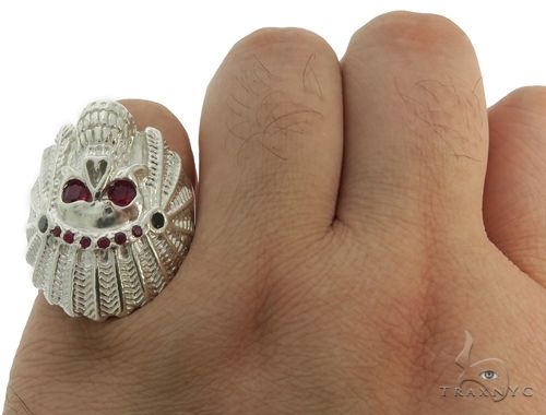 .925 Sterling Silver Black Diamond Indian Skull Ring With Red Ruby Stones 61446 - Image 6