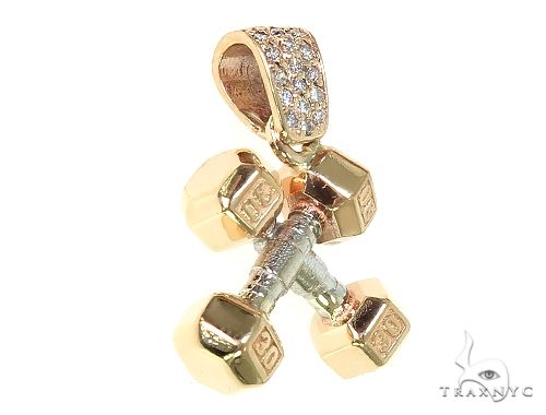 14K Two Tone Small Dumbbells Barbells Fitness Pendant 66107 - Image 2